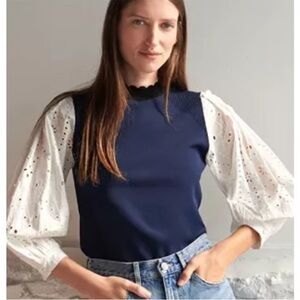 NWOT Veronica Beard Roy Mixed Media Eyelet Sleeve Sweater Navy White